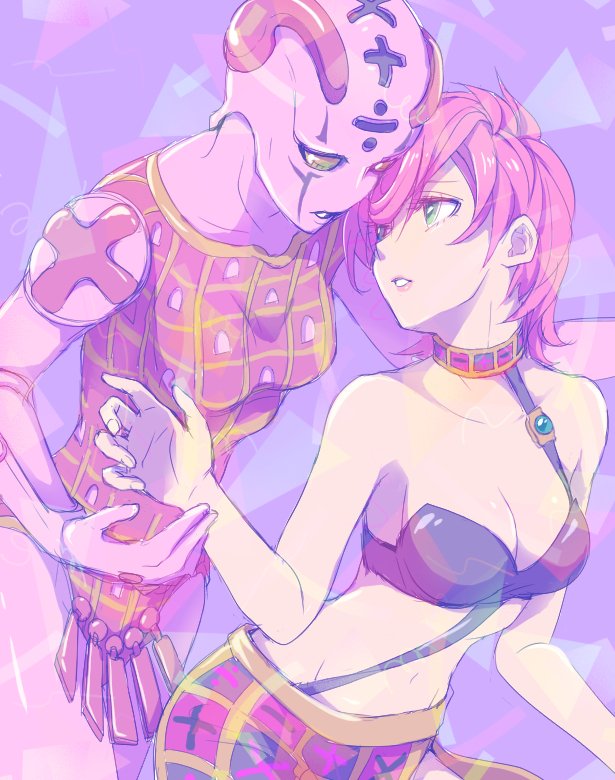 0aoiurn0 1girl 1other black_bra bra choker commentary_request cowboy_shot green_hair jojo_no_kimyou_na_bouken looking_at_another math midriff parted_lips pink_hair pink_lips purple_theme short_hair side_slit spice_girl_(stand) stand_(jojo) triangle trish_una underwear