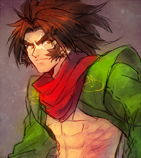 1boy blazblue brown_eyes brown_hair ingpink long_hair male_focus ponytail scar scarf shishigami_bang solo