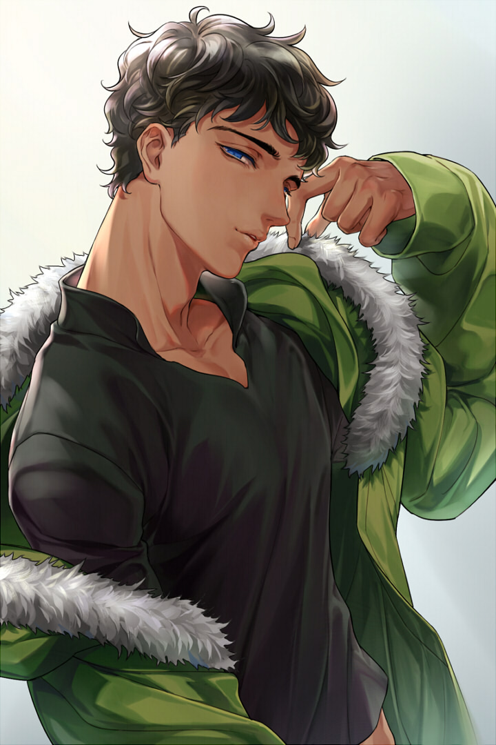 1boy arm_at_side bad_id bad_pixiv_id black_hair black_shirt blue_eyes changye collarbone dark-skinned_male dark_skin dungeon_meshi eyelashes from_side fur-trimmed_jacket fur_trim green_jacket grey_background half-closed_eyes hand_up jacket kabru long_sleeves looking_at_viewer male_focus midriff_peek off_shoulder open_clothes open_jacket parted_lips pointing pointing_down shirt short_hair sideways_glance sleeves_past_wrists smile solo v-neck wavy_hair