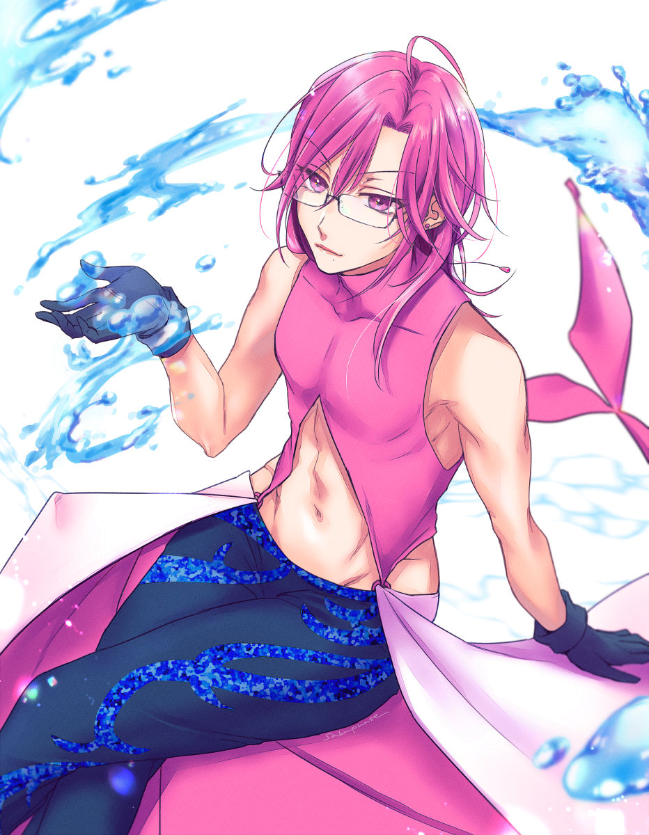 1boy cetacean_tail commentary_request fins fish_tail glasses gloves highres hira_kawae long_hair looking_at_viewer male_focus midriff navel pants pink_eyes pink_hair sitting solo tail tokyo_mew_mew tokyo_mew_mew_ole! water white_background yoyogi_shizuka