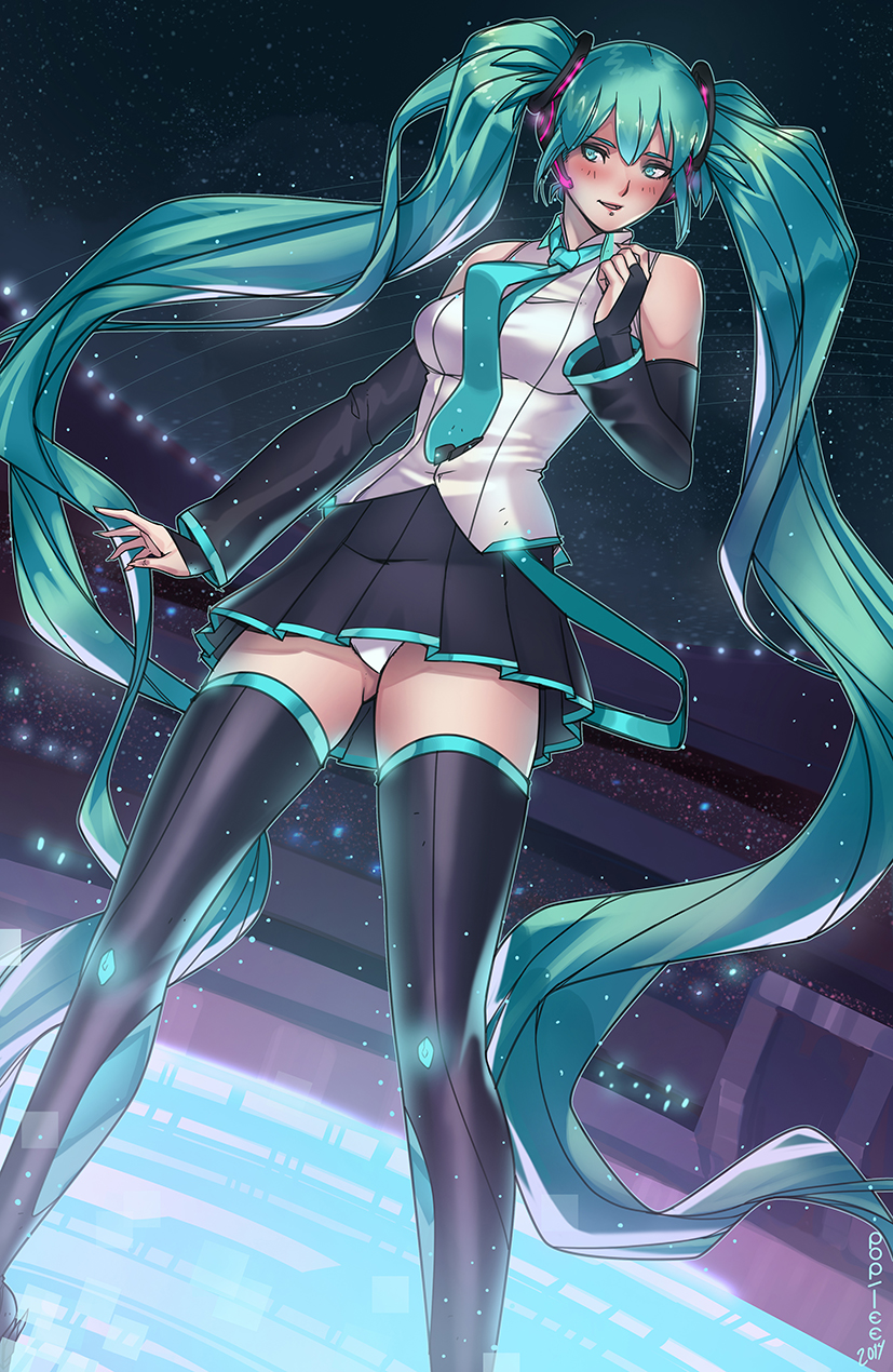 10s 1girl 2014 absurdly_long_hair aqua_eyes aqua_hair artist_name blush bridal_gauntlets detached_sleeves female_focus hatsune_miku headset highres long_hair necktie panties pantyshot pop-lee skirt solo thighhighs twintails underwear upskirt very_long_hair vocaloid