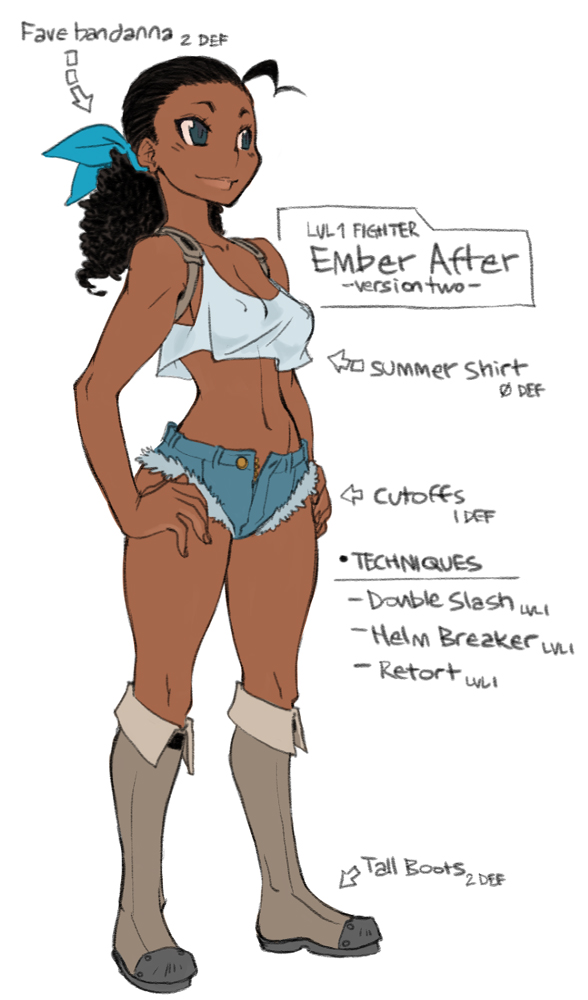 1girl ahoge arrow_(symbol) blue_eyes boots breasts character_sheet commentary covered_erect_nipples crop_top crybringer curly_hair cutoffs dark-skinned_female dark_skin denim denim_shorts ember_after english_text female_focus hair_ribbon hands_on_own_hips knee_boots lips long_hair midriff mole narrow_waist navel original ponytail ribbon short_shorts shorts small_breasts smile solo