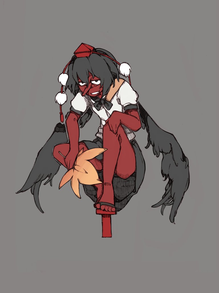 1girl bare_arms bare_legs bird_wings black_bow black_bowtie black_hair black_skirt black_wings bolos bow bowtie colored_skin commentary feathered_wings full_body geta grey_background grin hand_fan hand_on_own_knee hat holding holding_fan knee_up leaf_fan miniskirt monsterification pointy_nose pom_pom_(clothes) puffy_short_sleeves puffy_sleeves red_footwear red_hat red_skin shameimaru_aya short_hair short_sleeves simple_background sitting skirt smile solo tengu tengu-geta toes tokin_hat touhou wings