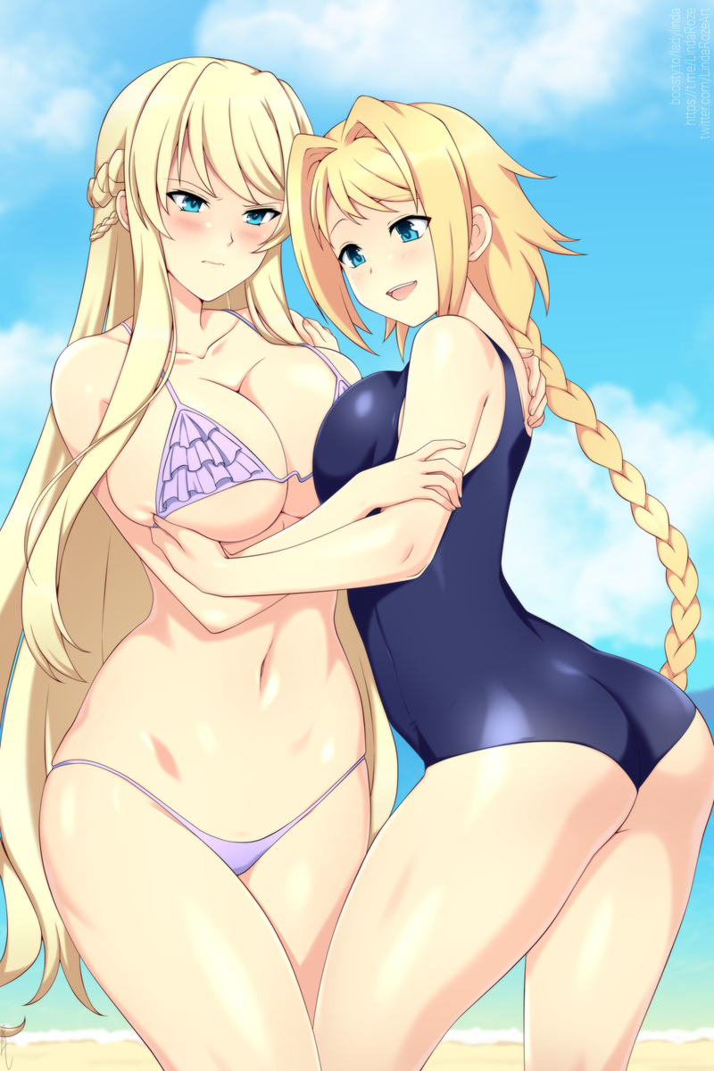 2girls alternate_hairstyle ass beach bikini blonde_hair blue_eyes blue_sky blush braid braided_ponytail breasts cleavage closed_mouth cloud commission french_braid grabbing_another&#039;s_breast groping highres iris_von_austria large_breasts lindaroze long_hair mashou_no_nie mireille_von_austria multiple_girls ocean one-piece_swimsuit open_mouth purple_bikini sand siblings sisters sky smile swimsuit very_long_hair