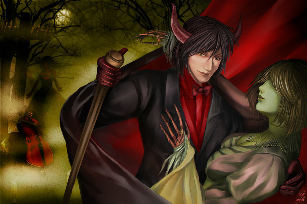 black_hair colored_skin dancing demon bad_tag green_skin hawthorn_(mirage_noir) horns host magic male_focus mirage_noir short_hair smile smirk tagme yellow_eyes zombie