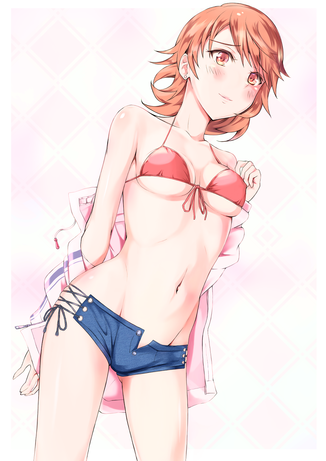 1girl bikini bikini_top_only blue_shorts blush bokoboko breasts brown_eyes brown_hair cleavage collarbone earrings groin highres jewelry medium_breasts persona persona_3 pink_bikini short_hair short_shorts shorts simple_background solo standing swimsuit takeba_yukari