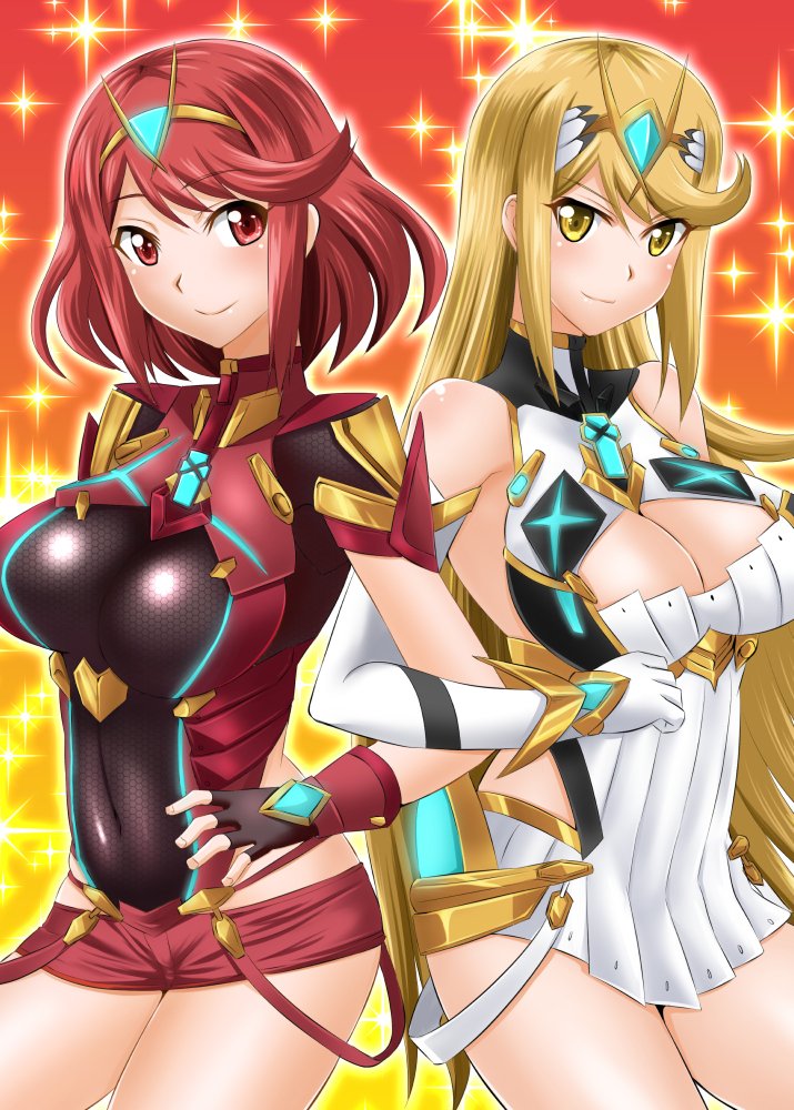 2girls armor bare_shoulders blonde_hair breasts cleavage commentary cover dress dual_persona elbow_gloves fingerless_gloves gem gloves hair_ornament headpiece jewelry large_breasts long_hair looking_at_viewer multiple_girls mythra_(xenoblade) nintendo pyra_(xenoblade) red_eyes red_hair red_shorts short_hair short_shorts shorts smile swept_bangs tiara translation_request very_long_hair white_dress xenoblade_chronicles_(series) xenoblade_chronicles_2 yellow_eyes zerosu_(take_out)