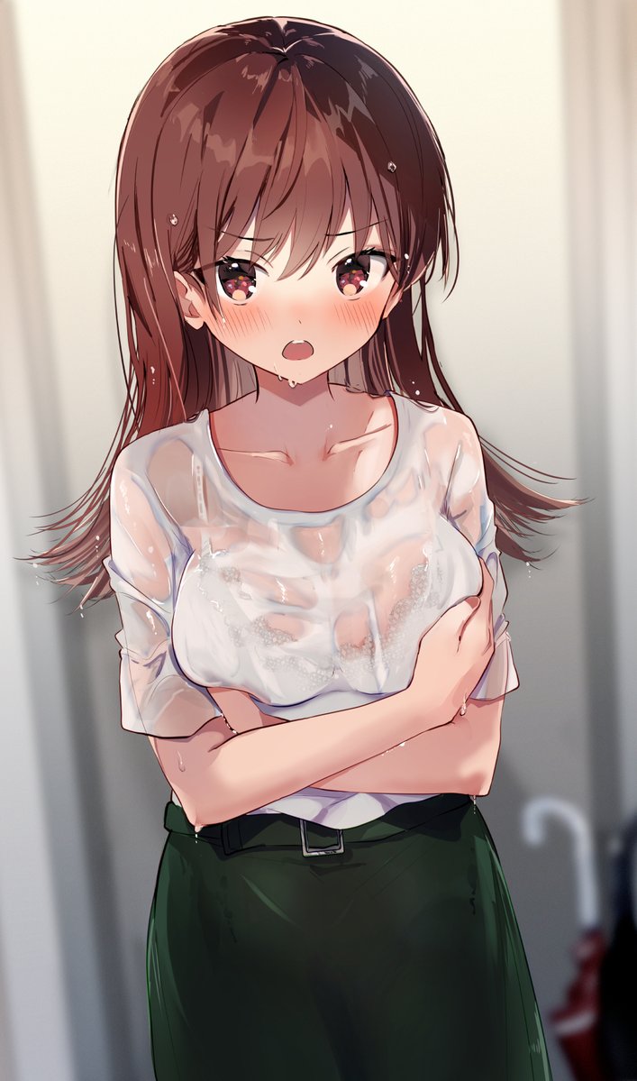 1girl blurry breasts brown_eyes brown_hair commentary_request cowboy_shot depth_of_field green_skirt kantai_collection large_breasts long_hair looking_at_viewer nanahamu official_alternate_costume ooi_(kancolle) ooi_(tsuyu_mode)_(kancolle) see-through_clothes shirt skirt solo wet wet_clothes white_shirt