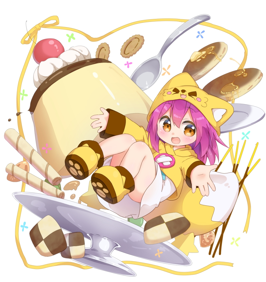 1girl blush brown_eyes cherry cookie dress female_focus food fox_hat fox_tail fruit nipeira original pancake paw_shoes pocky pudding purple_hair shoes solo spoon tail yuzuwa-chan