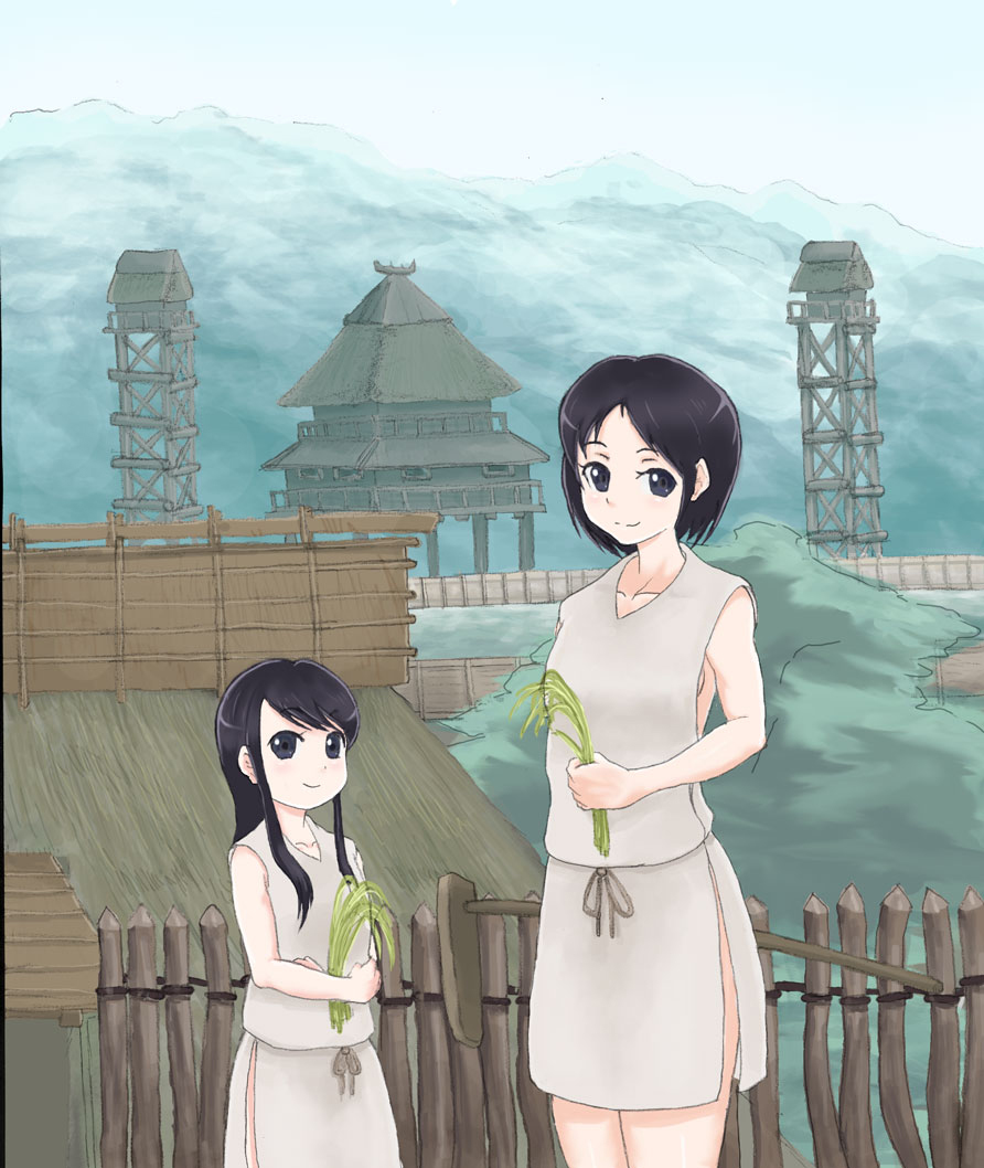 2girls artist_request black_hair building long_hair mountain multiple_girls outdoors rice short_hair sky tagme yayoi_period