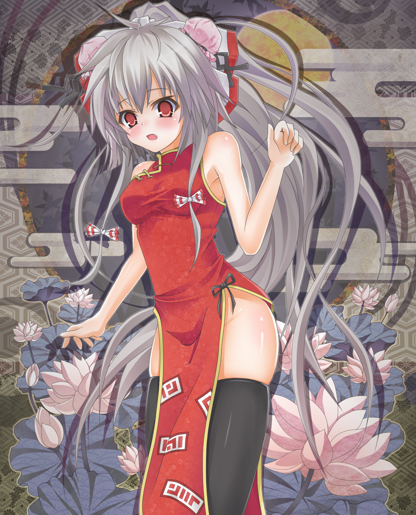 1girl alternate_costume alternate_hairstyle artist_request black_thighhighs blush breasts china_dress chinese_clothes double_bun dress fang female_focus flower fujiwara_no_mokou hair_bun hair_ribbon long_hair lotus no_panties red_eyes ribbon silver_hair skindentation solo thighhighs touhou yoshioka