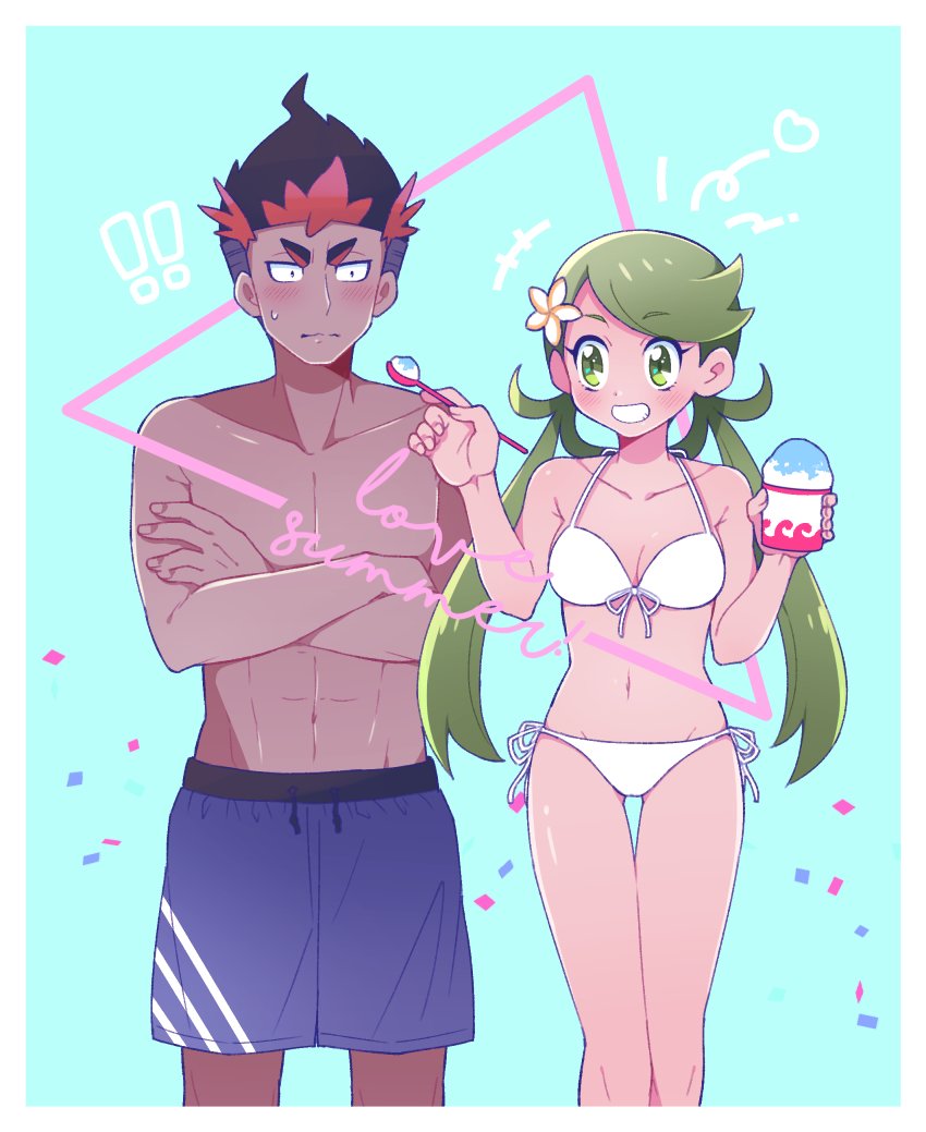 ! !! 1boy 1girl abs bikini black_hair blush breasts collarbone creatures_(company) crossed_arms dark-skinned_male dark_skin flower food game_freak green_eyes green_hair hair_flower hair_ornament heart jogurtti kiawe_(pokemon) male_swimwear mallow_(pokemon) multicolored_hair navel nintendo pokemon pokemon_sm red_hair shaved_ice side-tie_bikini_bottom small_breasts summer sweatdrop swim_trunks swimsuit two-tone_hair white_bikini