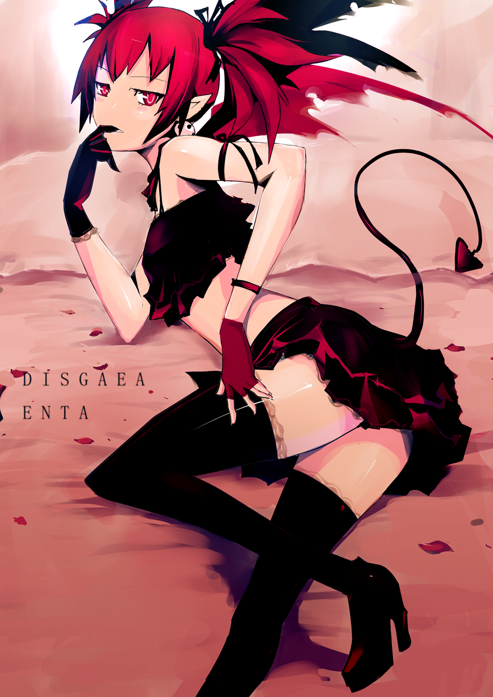 1girl bare_shoulders bat_wings boots demon_girl demon_tail disgaea earrings etna_(disgaea) female_focus fingerless_gloves gloves high_heel_boots high_heels highres jewelry las91214 pointy_ears red_eyes red_hair ribbon shoes skirt solo tail thighhighs thighs twintails typo wings