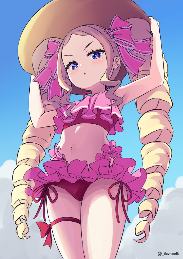 1girl :&lt; artist_name beatrice_(re:zero) bikini bikini_skirt blue_eyes blue_sky butterfly-shaped_pupils closed_mouth cloud commentary_request cowboy_shot from_below hair_ribbon hands_on_headwear hat looking_at_viewer navel outdoors pink_bikini pink_pupils pink_ribbon pink_skirt re:zero_kara_hajimeru_isekai_seikatsu ribbon s_(hdru2332) skirt sky solo sun_hat swimsuit symbol-shaped_pupils watermark