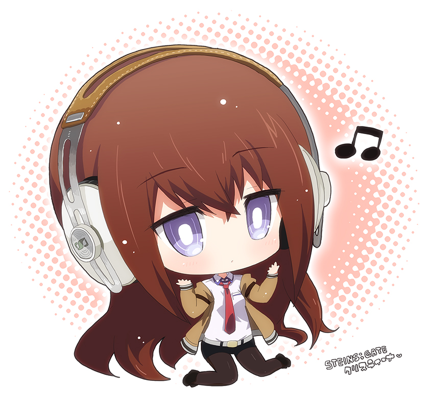 1girl beamed_quavers belt brown_hair chibi female_focus hahifuhe headphones jacket long_hair makise_kurisu musical_note necktie pantyhose purple_eyes solo steins;gate