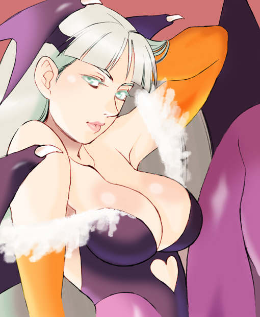 1girl adjusting_hair bare_shoulders bat_wings breasts capcom cleavage demon_girl elbow_gloves female_focus gloves head_wings large_breasts leg_up legs morrigan_aensland off_shoulder pantyhose purple_pantyhose solo thighs darkstalkers wings yuzuka_(artist)