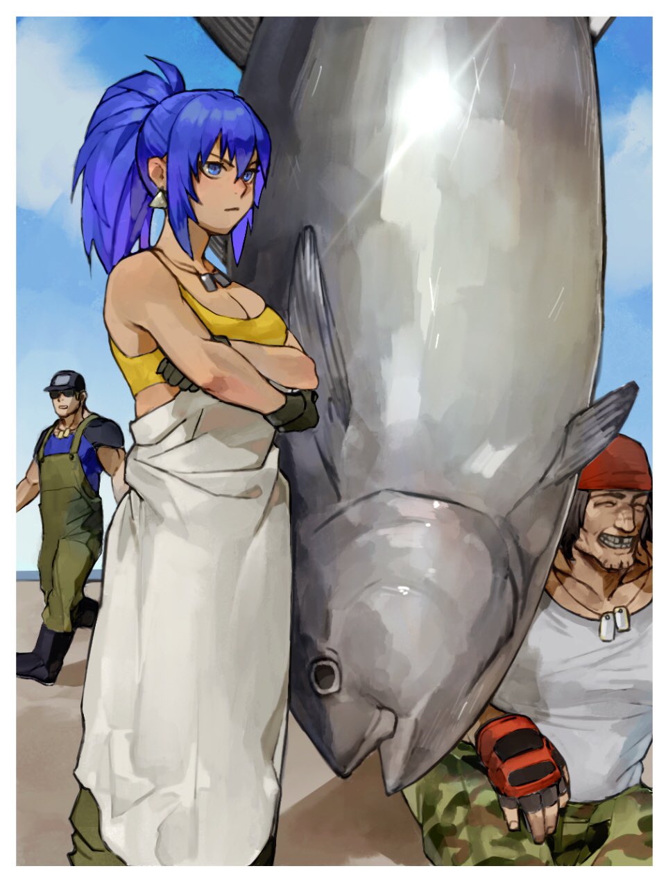 1girl 2boys apron bandana bare_shoulders beach blue_eyes blue_hair breasts clark_still cleavage dog_tags fingerless_gloves fish fishing gloves highres ikari_warriors leona_heidern multiple_boys oni_gini overalls ralf_jones sleeveless smile snk squatting sunglasses tank_top the_king_of_fighters the_king_of_fighters_xv tuna yellow_tank_top