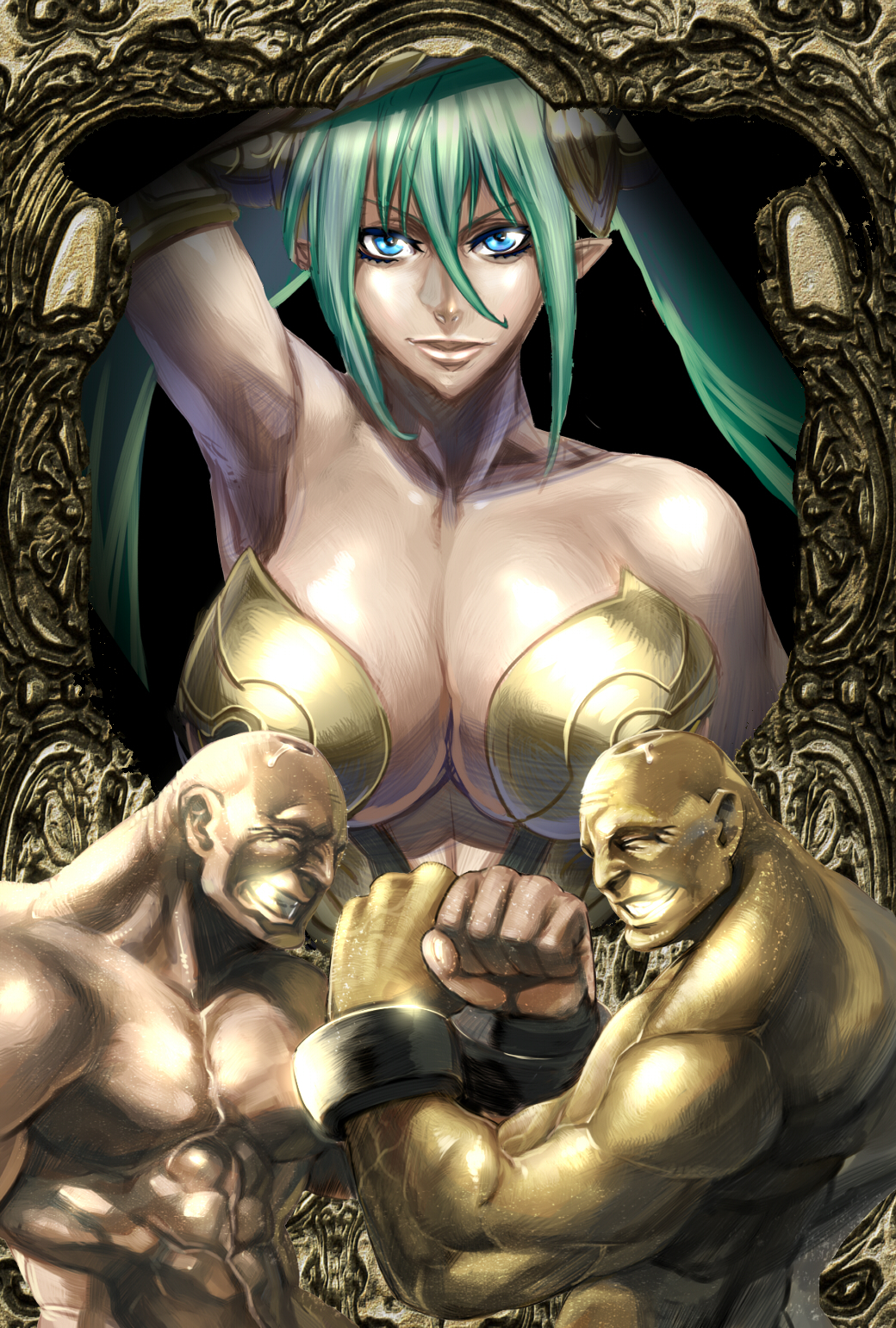 1girl 2boys abs adon_(cho_aniki) armpits bald bare_shoulders benten_(cho_aniki) biceps blue_eyes breasts cho_aniki cho_aniki_zero cleavage clenched_hand cuffs elbow_gloves gloves green_hair grin hairpods highres large_breasts long_hair multiple_boys muscular pasties pointy_ears samson shackles shiny_skin smile sweat tan twintails zunta