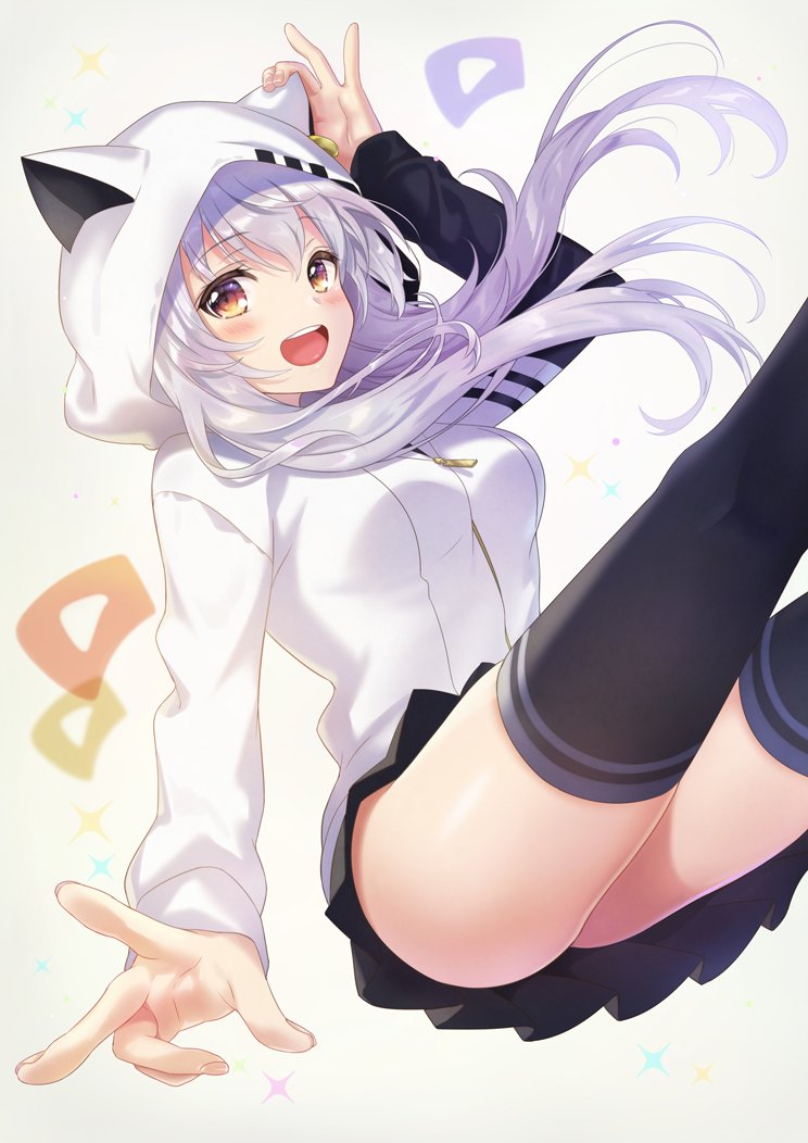 1girl animal_hood ass azuki_yui azuma_lim black_skirt black_thighhighs breasts cat_hood grey_hair hood hoodie indie_virtual_youtuber long_hair medium_breasts open_mouth pleated_skirt skirt solo thighhighs thighs virtual_youtuber white_hoodie yellow_eyes youtube_logo zipper_pull_tab