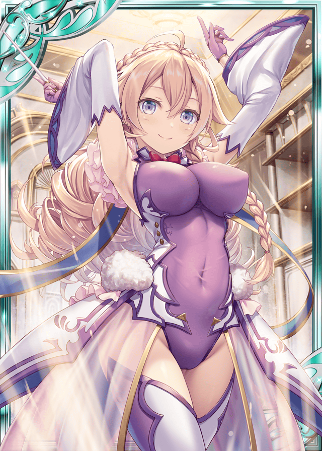 1girl akkijin arm_warmers armpits arms_up auditorium conductor_baton blonde_hair braid breasts gloves indoors large_breasts leotard long_hair looking_at_viewer official_art purple_eyes purple_gloves purple_leotard red_ribbon ribbon see-through_clothes shinkai_no_valkyrie smile thighhighs