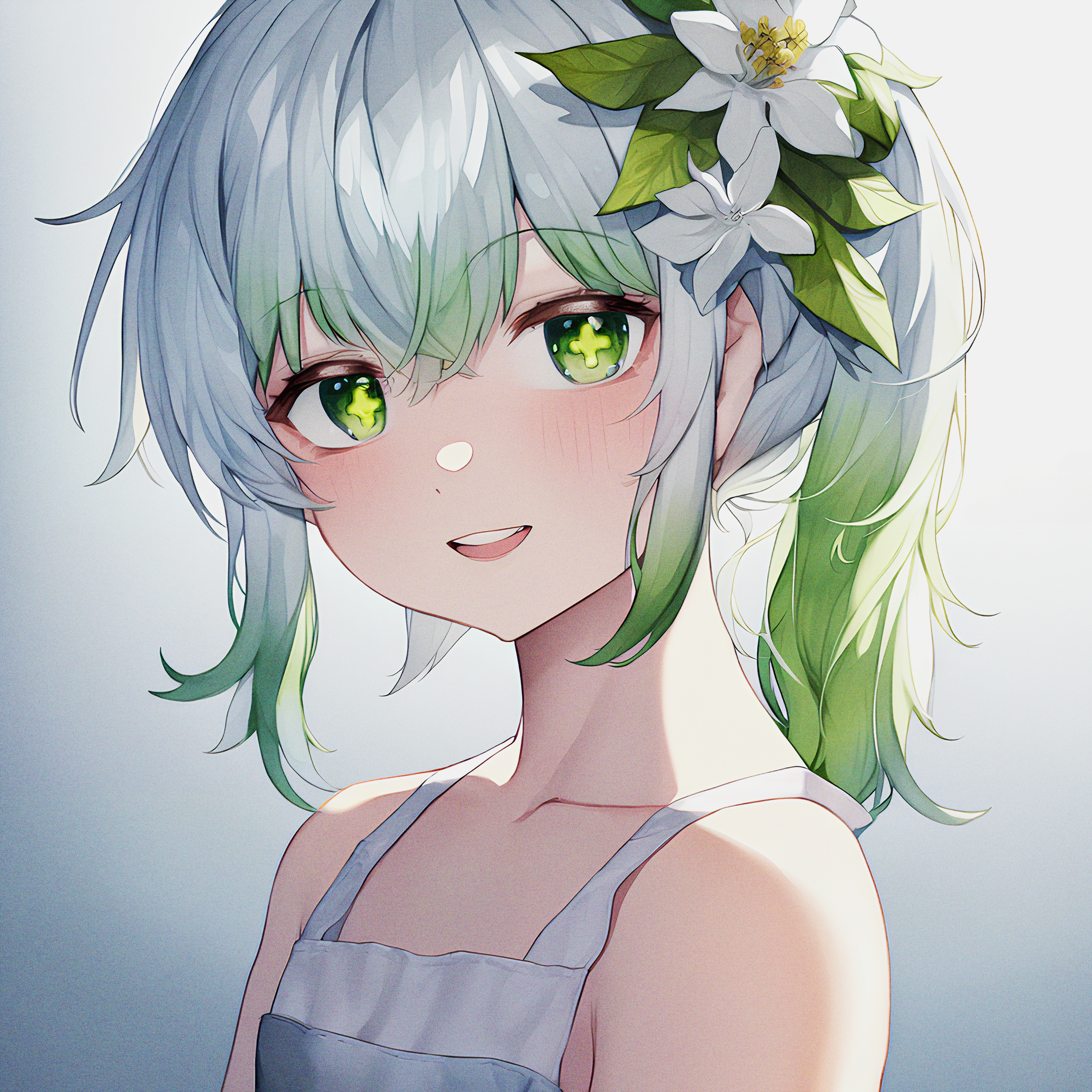 Anime girl pfp green hair blue flowers