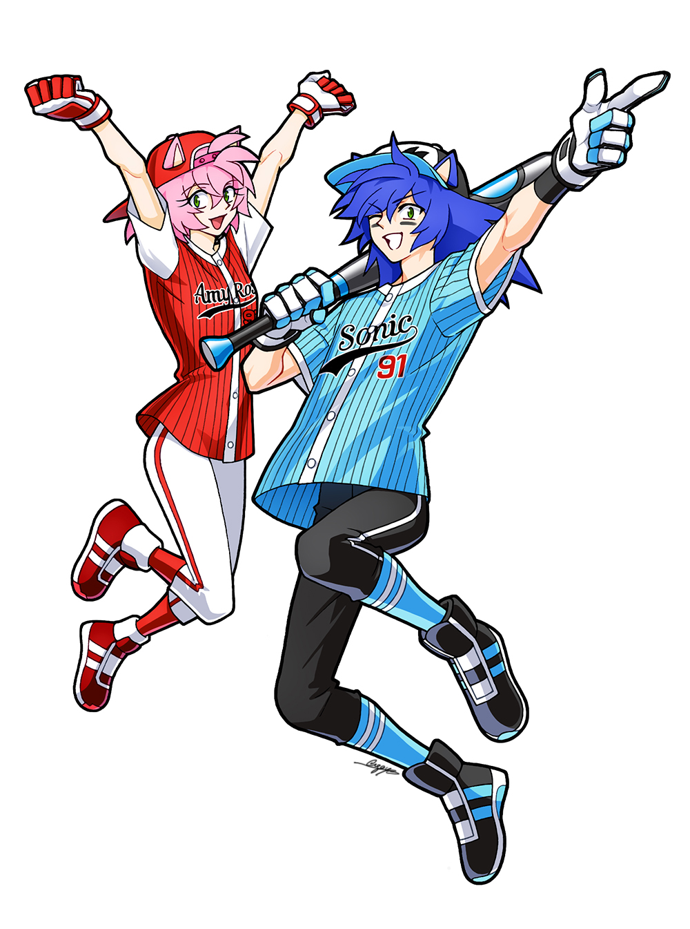 1boy 1girl amy_rose amy_rose_(all-star) animal_ears arms_up backwards_hat baseball baseball_bat baseball_cap baseball_jersey baseball_uniform black_pants blue_hair blue_shirt commentary_request eye_black full_body gloves green_eyes grin hat hedgehog_boy highres holding holding_baseball_bat humanization jersey korean_commentary long_hair looking_at_viewer official_alternate_costume one_eye_closed open_mouth pants pink_hair red_footwear red_hat red_shirt shirt shoes short_hair short_sleeves simple_background sloth_g_ya smile sonic_(series) sonic_the_hedgehog sonic_the_hedgehog_(slugger) spiked_hair sportswear white_background white_gloves white_pants