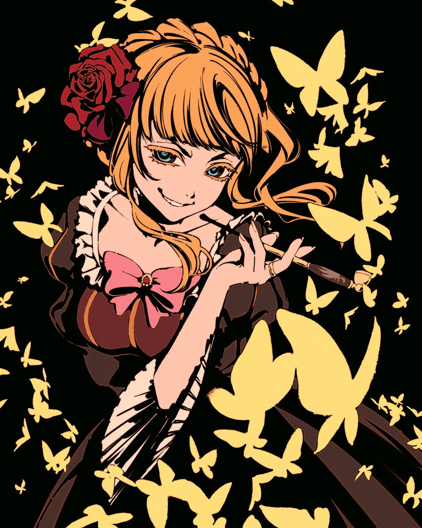 1boy 1girl beatrice_(umineko) black_background blonde_hair blue_eyes bow breasts bug butterfly dress flower frills hair_flower hair_ornament insect looking_at_viewer moshimoshibe rose short_hair smile smoking_pipe solo thick_eyelashes umineko_no_naku_koro_ni