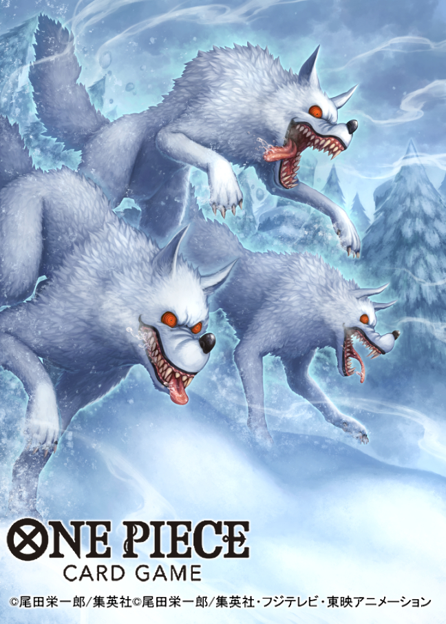 animal_ears animal_focus army_wolf_(one_piece) attack claws commentary_request copyright_name evil_smile looking_ahead official_art one_piece one_piece_card_game open_mouth red_eyes ringed_eyes saliva smile smoke snow tatsuya_(atelier_road) tongue tongue_out white_wolf wind wolf wolf_ears