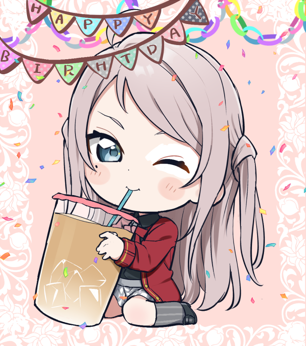 1girl birthday bubble_tea chibi cup drink green_eyes holding holding_cup holding_drink love_live! love_live!_nijigasaki_high_school_idol_club love_live!_school_idol_festival_all_stars nijigasaki_school_uniform one_eye_closed pink_hair school_uniform sitting totoki86 two_side_up wariza zhong_lanzhu