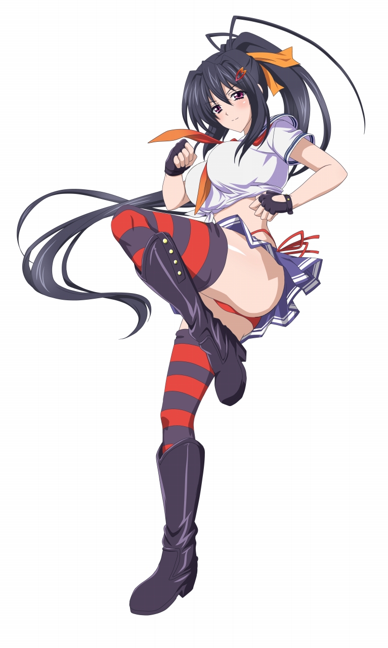 10s 1girl ass black_hair breasts cosplay female_focus high_school_dxd highres himejima_akeno kagurazaka_ranka kagurazaka_ranka_(cosplay) large_breasts long_hair panties purple_eyes red_panties simple_background solo standing striped_clothes striped_thighhighs thighhighs thighs underwear valkyrie_drive valkyrie_drive_-bhikkhuni- very_long_hair