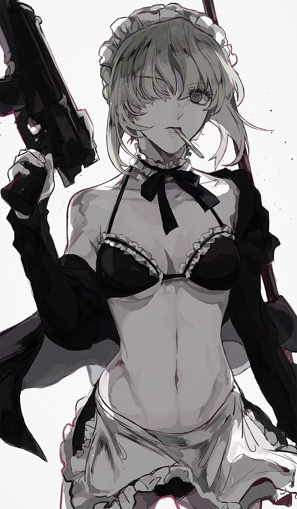 apron artoria_pendragon_(alter_swimsuit_rider)_(fate) artoria_pendragon_(alter_swimsuit_rider)_(second_ascension)_(fate) artoria_pendragon_(fate) bikini bikini_top_only black_bikini breasts cleavage ebanoniwa fate/grand_order fate_(series) frilled_bikini frilled_bikini_top frills gun hair_over_eyes highres maid maid_bikini maid_headdress pop popsicle_stick solo swimsuit unconventional_maid waist_apron weapon