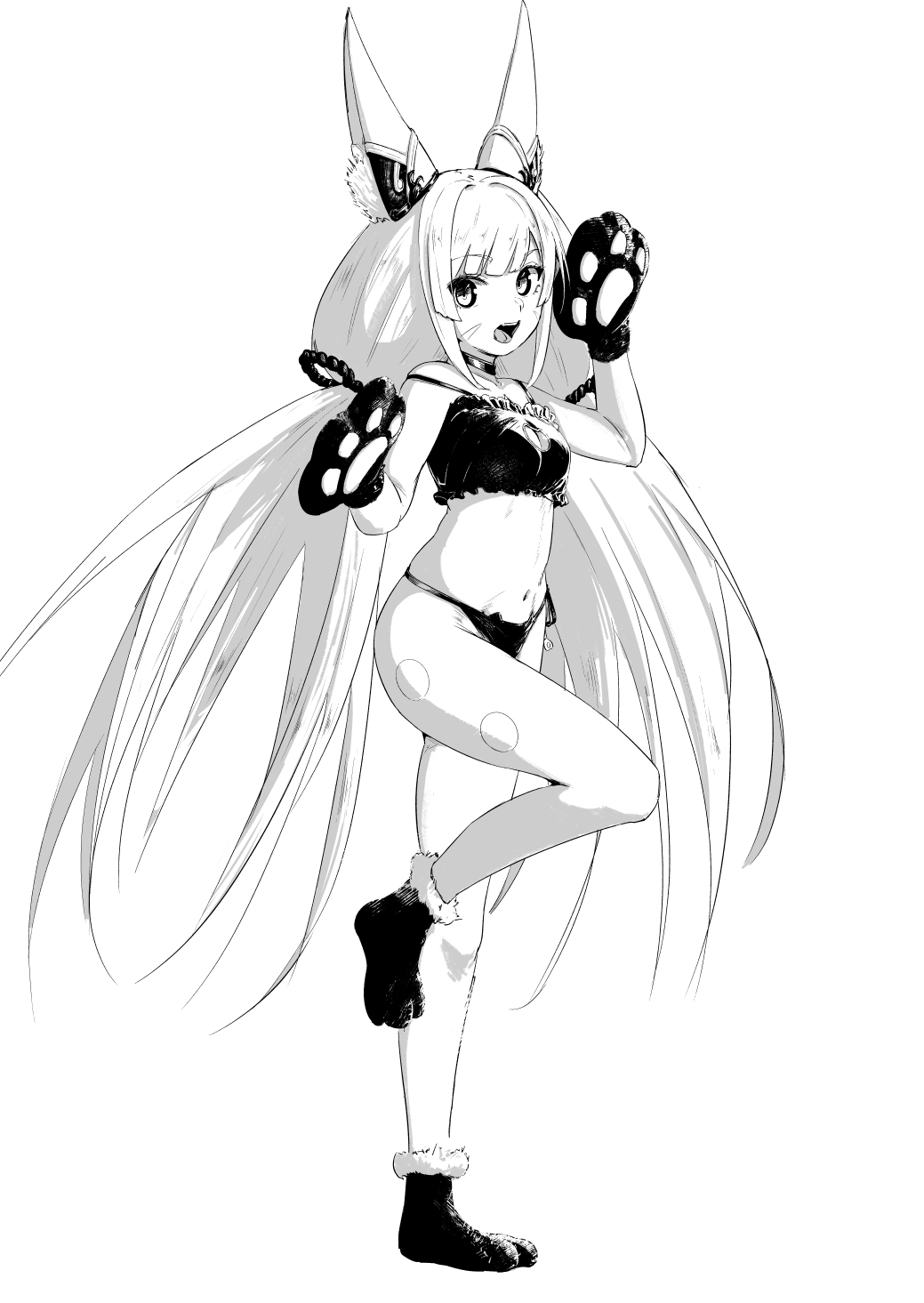 1girl animal_ears animal_hands blunt_bangs cat_ears cat_feet cat_lingerie cat_paws chin_bell cleavage_cutout clothing_cutout facial_mark greyscale highres long_hair low_twintails meme_attire monochrome nia_(blade)_(xenoblade) nia_(xenoblade) solo twintails very_long_hair xenoblade_chronicles_(series) xenoblade_chronicles_2