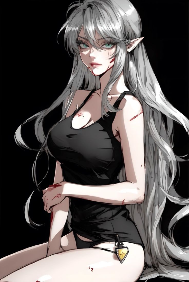 1girl black_background black_panties black_shirt blood blood_on_arm blood_on_face blood_on_hands closed_mouth female_focus green_eyes light_blush long_hair looking_at_viewer non-web_source panties pointy_ears serious shirt sitting sleeveless sleeveless_shirt solo tessia_eralith the_beginning_after_the_end underwear very_long_hair white_hair wounds