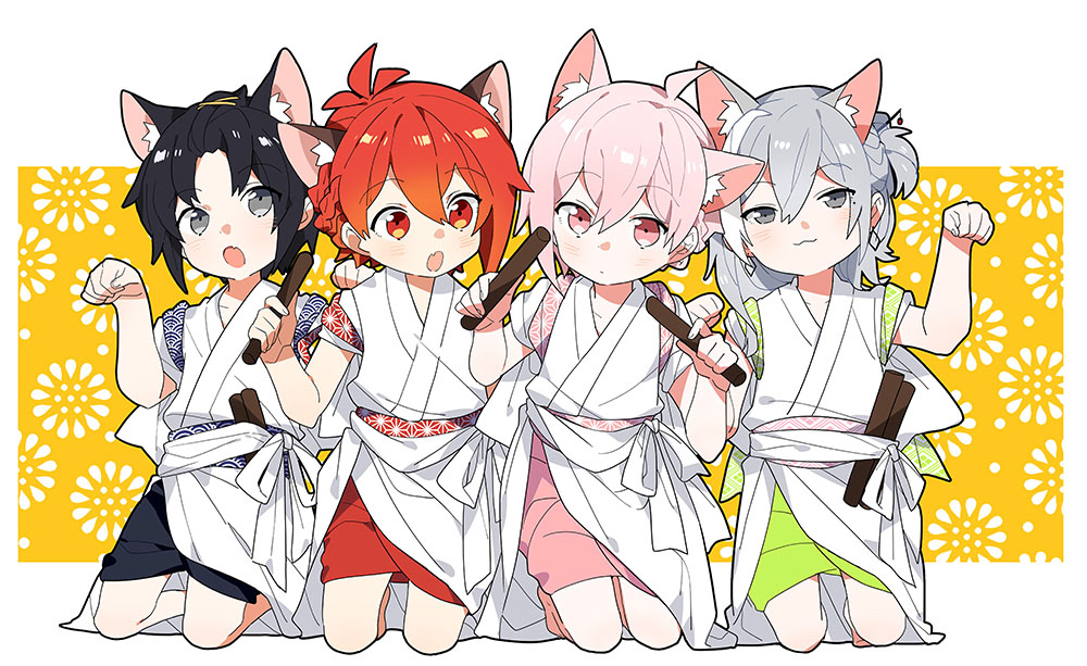 4boys aged_down animal_ears black_hair cat_boy cat_ears cat_tail child fang grey_eyes idolish7 izumi_iori jewelry kujou_tenn kumomero long_hair looking_at_viewer male_focus multiple_boys nanase_riku open_mouth outside_border paw_pose pink_eyes pink_hair red_eyes red_hair short_hair siblings sitting tail twins yuki_(idolish7)