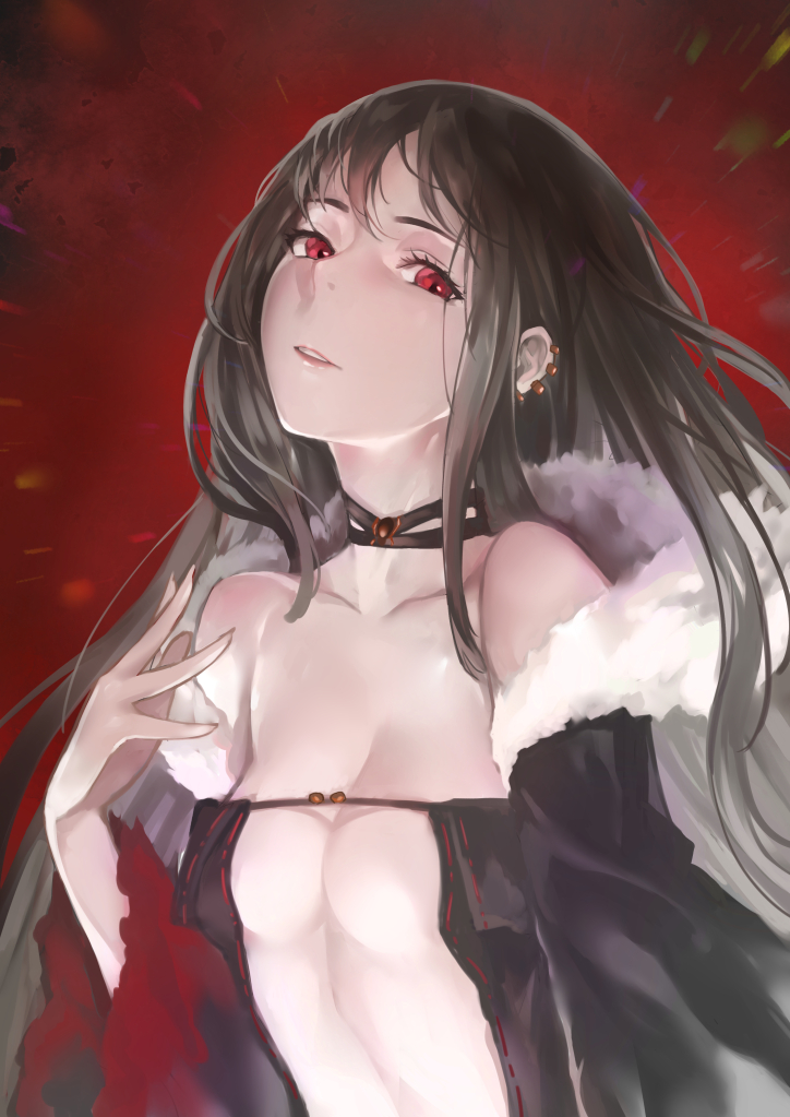 1girl bare_shoulders bkko black_choker black_dress black_hair breasts center_opening choker collarbone dress ear_piercing fate/grand_order fate_(series) female_focus fur-trimmed_jacket fur_trim head_back jacket long_hair looking_at_viewer medium_breasts off_shoulder parted_lips piercing red_eyes revealing_clothes solo strapless strapless_dress very_long_hair yu_mei-ren_(fate) yu_mei-ren_(third_ascension)_(fate)