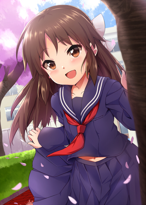 10s 1girl :d black_serafuku blush bow brown_eyes brown_hair female_focus hair_bow idolmaster idolmaster_cinderella_girls long_hair looking_at_viewer mizinkoex open_mouth school_uniform serafuku smile solo tachibana_arisu