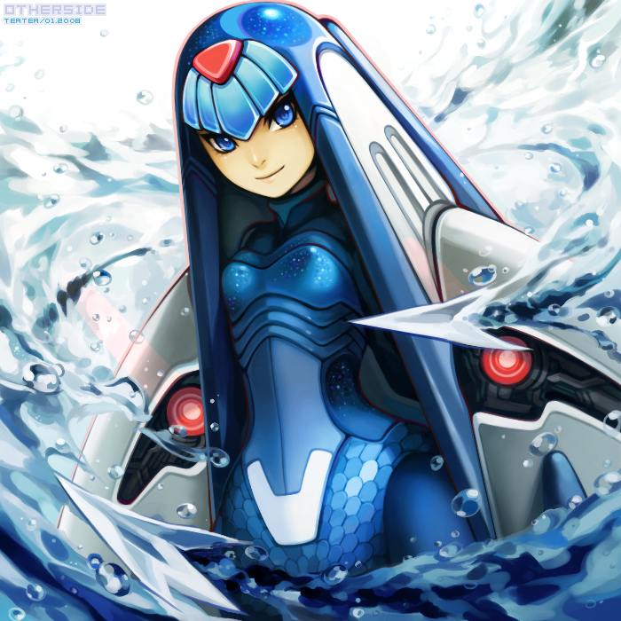 1girl android blue_eyes blue_hair capcom fairy_leviathan_(mega_man) female_focus matching_hair/eyes mecha_musume mega_man_(series) mega_man_zero_(series) mega_man_zero_2 robot solo teatea water