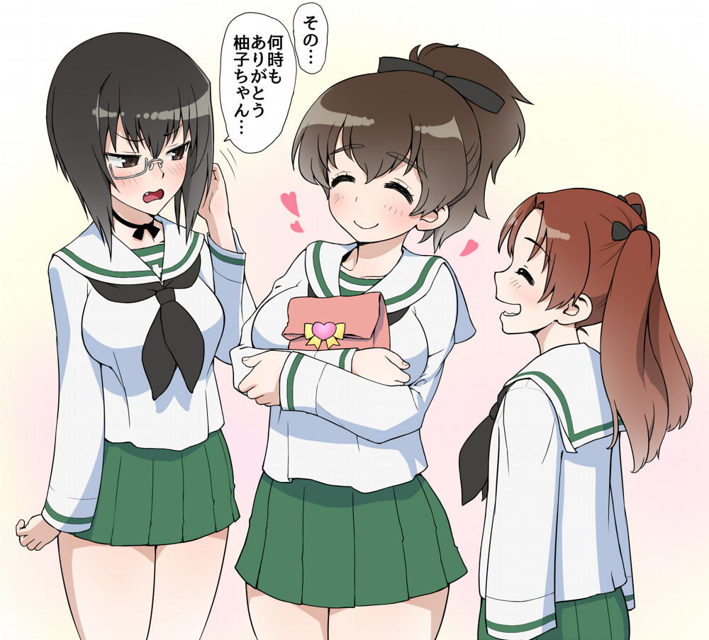 10s 3girls adjusting_hair bag black_bow black_choker black_eyes black_hair black_neckerchief black_ribbon blouse bow brown_eyes brown_hair choker closed_eyes closed_mouth crossed_arms frown girls_und_panzer green_skirt grey-framed_eyewear hair_bow hair_ribbon heart holding kadotani_anzu kawashima_momo koyama_yuzu long_hair long_sleeves looking_at_another miniskirt monocle multiple_girls neckerchief ooarai_school_uniform open_mouth paper_bag parted_bangs pleated_skirt ribbon ribbon_choker school_uniform semi-rimless_eyewear serafuku shirt short_hair short_ponytail skirt smile translation_request twintails under-rim_eyewear wata_do_chinkuru white_shirt