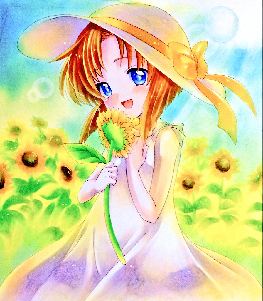 1girl blue_eyes child commentary dress field flower flower_field hachi78b hat higurashi_no_naku_koro_ni holding holding_flower marker_(medium) medium_hair open_mouth orange_hair ryuuguu_rena smile solo sun_hat sunflower sunflower_field sunlight traditional_media white_dress