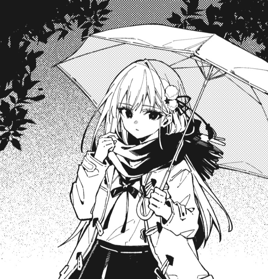 1girl gokumon_nadeshiko gokumon_nadeshiko_koko_ni_ari greyscale hair_ornament hair_ribbon hands_up holding holding_umbrella jacket leaf long_hair long_sleeves looking_at_viewer monochrome neck_ribbon open_clothes open_jacket oshioshio outdoors parted_lips ribbon scarf second-party_source skirt solo tassel umbrella