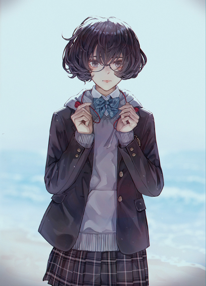 1girl blue_bow blue_eyes blue_hair bow bowtie buttoned_cuffs buttons earphones glasses hood hoodie jacket kaoming looking_at_viewer nanjou_ao original pale_skin plaid_clothes plaid_skirt pleated_skirt school_uniform short_hair skirt solo striped_bow striped_bowtie striped_clothes wind