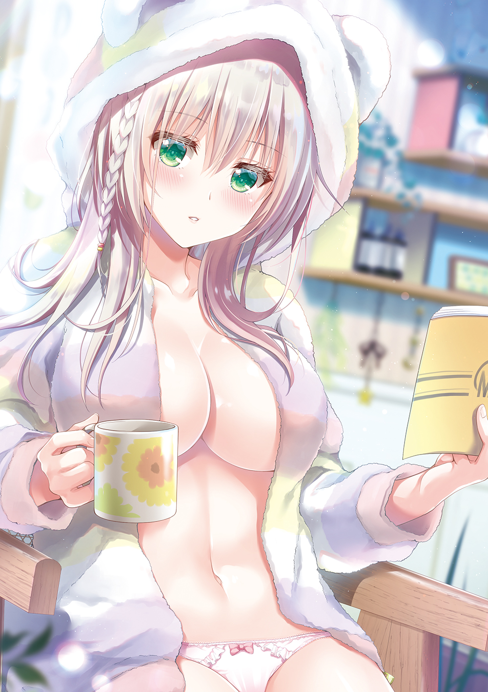 1girl book braid breasts cup green_eyes highres holding holding_book holding_cup hood large_breasts looking_at_viewer open_clothes original panties side_braid sitting suzui_narumi underwear white_hair