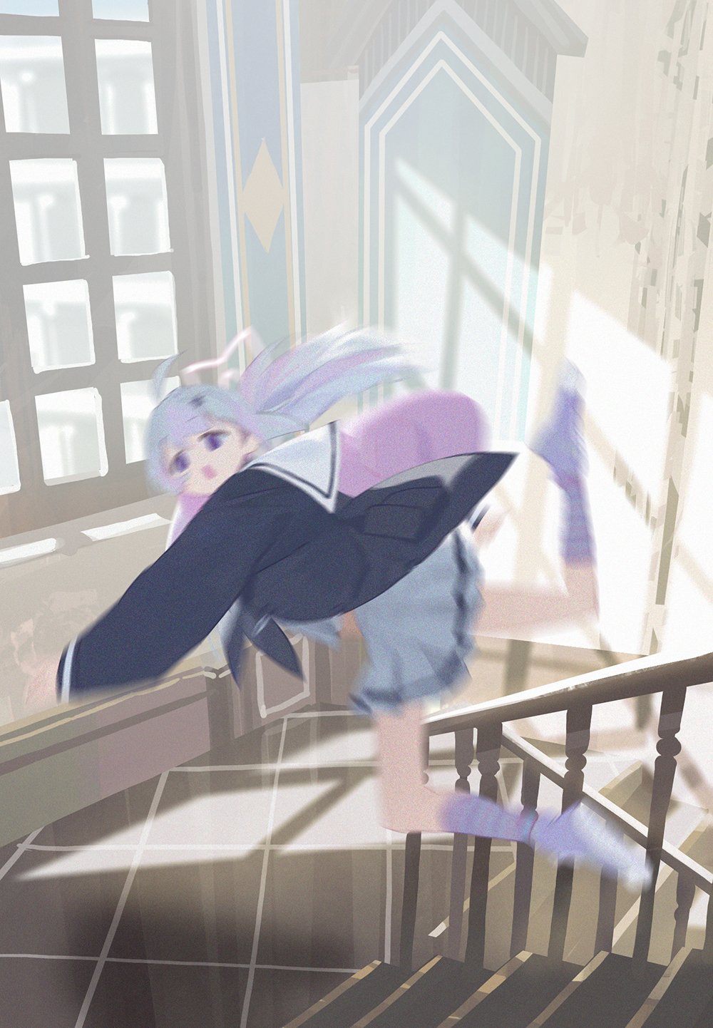 1girl ahoge aqua_hair black_jacket blue_archive blue_hair blurry commentary_request falling hair_ornament halo highres jacket long_hair modare motion_blur multicolored_hair open_mouth pink_hair pink_halo pleated_skirt purple_eyes reisa_(blue_archive) skirt socks solo stairs star_(symbol) star_halo white_footwear white_socks