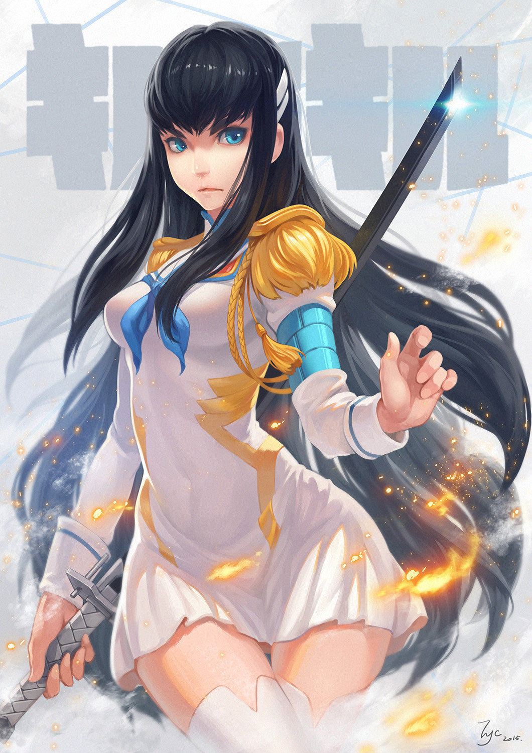 10s 1girl bakuzan black_hair blue_eyes epaulettes female_focus highres image_sample junketsu kill_la_kill kiryuuin_satsuki lens_flare long_hair looking_at_viewer mangshuo solo sword thighhighs weapon