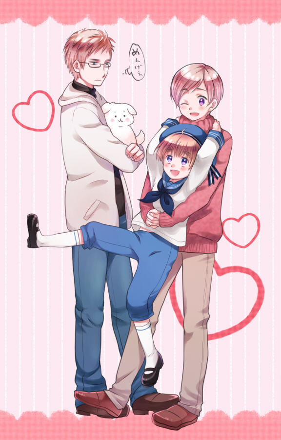 3boys axis_powers_hetalia blonde_hair blue_eyes blush dog family finland_(hetalia) full_body glasses hana-tamago hat hat_ribbon heat hirounp hood hoodie hug hug_from_behind male_focus multiple_boys open_mouth purple_eyes ribbon sailor sailor_collar sailor_hat sealand_(hetalia) smile socks sweater sweden_(hetalia) turtleneck white_legwear