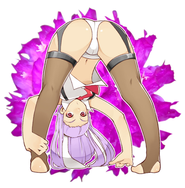 1girl animal_ears ass female_focus flexible garter_straps kneepits kosame_daizu legs long_hair looking_through_own_legs navel necktie no_pants panties purple_hair rabbit_ears red_eyes red_necktie reisen_udongein_inaba solo thighhighs touhou underwear white_panties