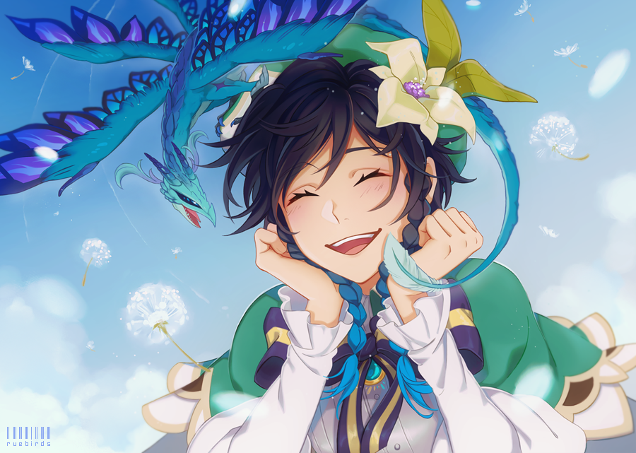 1boy ^_^ arms_up blue_sky blush braid buttons capelet closed_eyes curled_fingers dandelion_seed dragon dvalin_(genshin_impact) eyelashes flower frilled_sleeves frills gem genshin_impact green_capelet green_gemstone green_hat hair_between_eyes hair_flower hair_ornament hands_on_own_face hat layered_clothes long_sleeves male_focus multicolored_hair neck_ribbon open_mouth ribbon ruebird shirt sky small_dragon solo striped_ribbon teeth twin_braids twitter_username upper_body upper_teeth_only venti_(genshin_impact) white_shirt