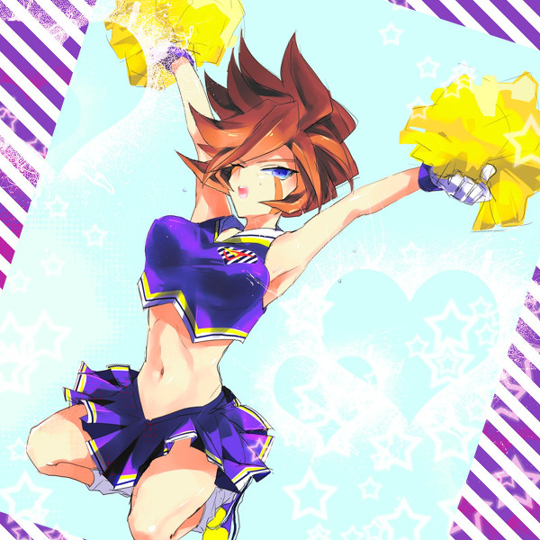 1girl artist_request blue_eyes breasts brown_hair cheerleader covered_erect_nipples female_focus genda_koujirou gender_request genderswap gloves image_sample inazuma_eleven inazuma_eleven_(series) jumping large_breasts navel open_mouth pixiv_sample pom_pom_(cheerleading) resized solo wink