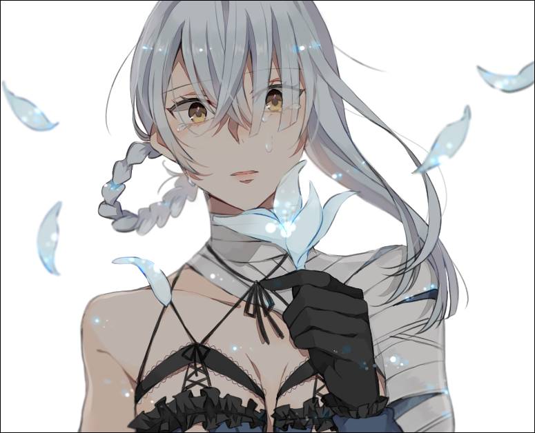 1girl arm_at_side asymmetrical_clothes bandaged_arm bandaged_neck bandages bare_shoulders black_border black_gloves black_ribbon blue_dress border braid braided_hair_rings breasts collarbone crying crying_with_eyes_open dress eyelashes female_focus flower frills gloves grey_background hair_between_eyes hair_rings hand_up holding holding_flower kaine_(nier) kurosawa_kazuto lily_(flower) lingerie medium_breasts negligee nier nier_(series) open_mouth petals ribbon sad short_hair sidelocks silver_hair simple_background solo tears underwear upper_body vambraces white_background yellow_eyes