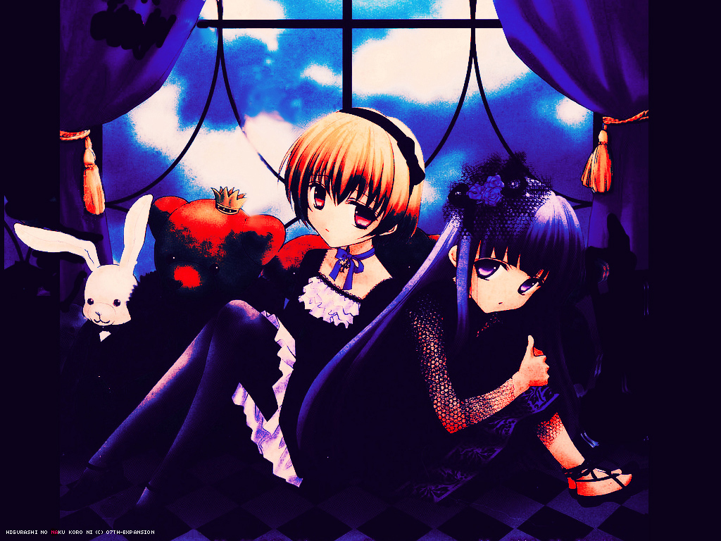 00s 2girls blonde_hair blue_hair dress furude_rika gothic_lolita higurashi_no_naku_koro_ni houjou_satoko houjou_yutori lolita_fashion long_hair multiple_girls pantyhose purple_eyes red_eyes ribbon short_hair very_long_hair window